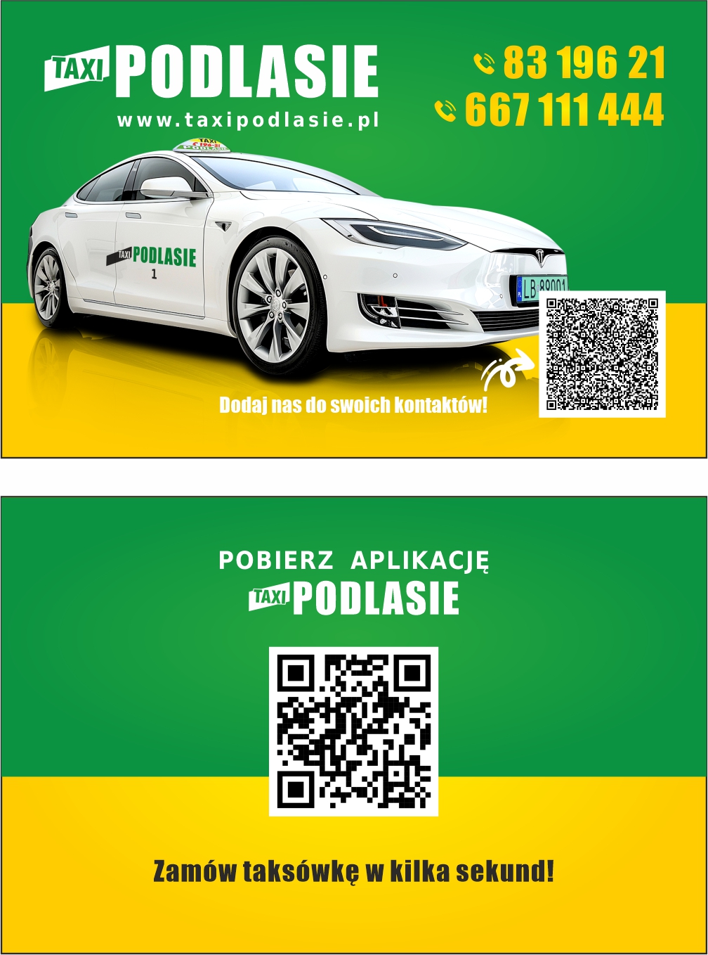 Wizytówka Taxi Podlasie — Tesla i numery telefonów