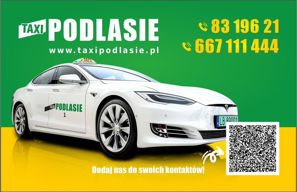 Wizytówka Taxi Podlasie — Tesla z QR do kontaktów
